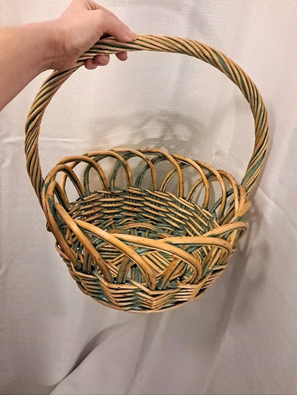 Vintage Large Handwoven Wicker Basket Green & Natural Twisted Handle Cottagecore